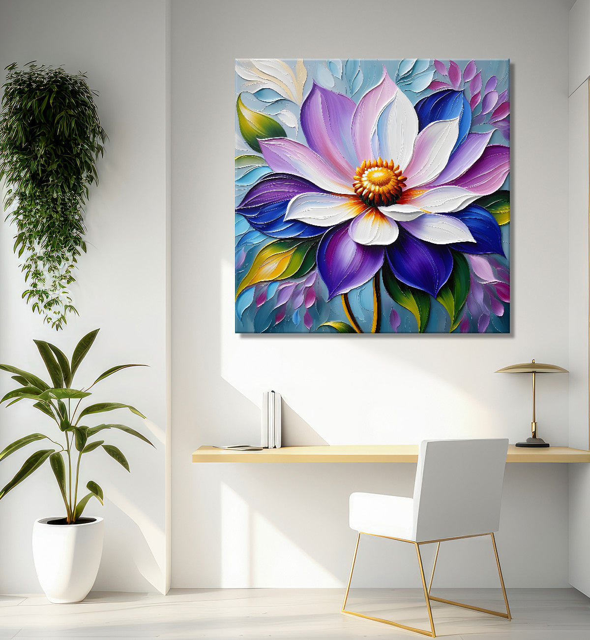 Purple flower in blue background textured painting - Flower-S-49