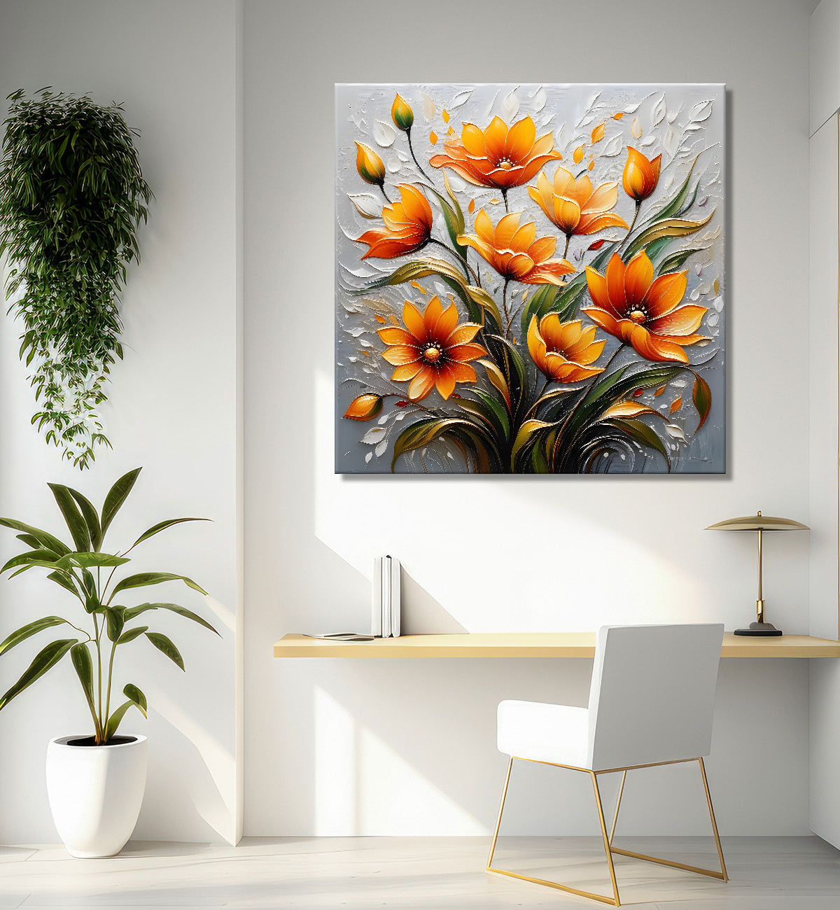 Orange flowers in light background textured painting - Flower-S-50