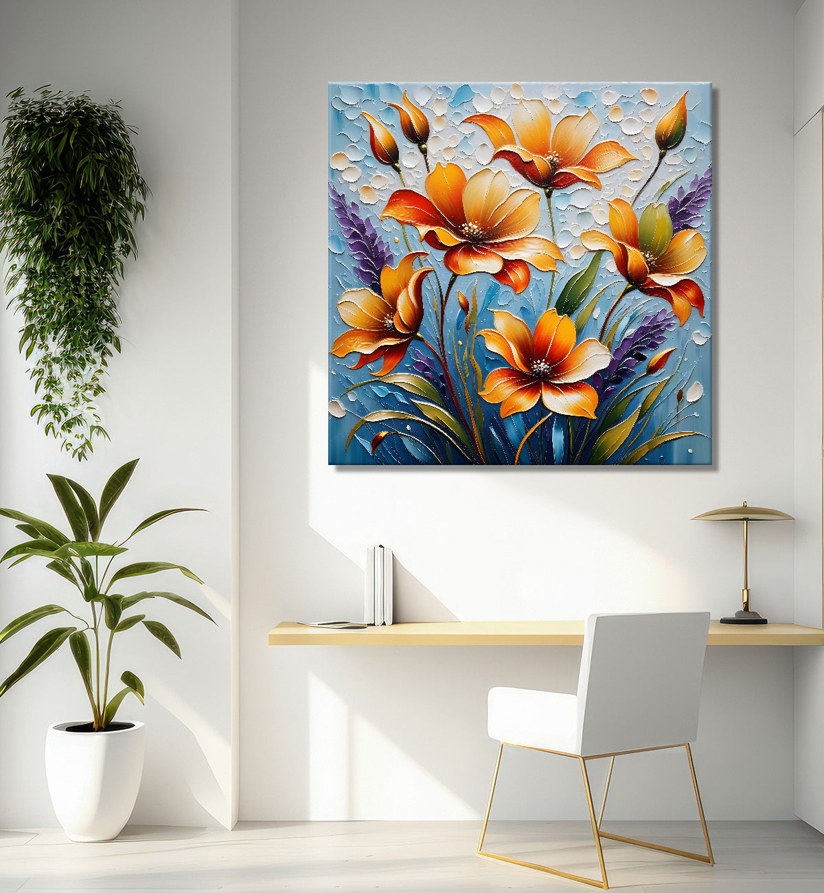 Orange flowers in blue background textured painting  - Flower-S-51