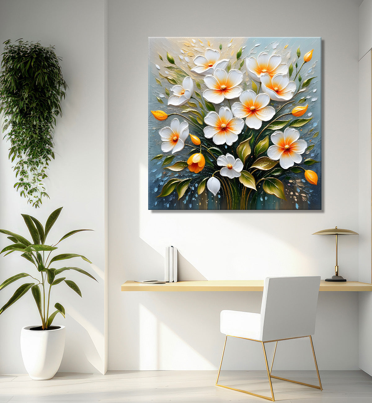 White flowers in grey background textured painting - Flower-S-52
