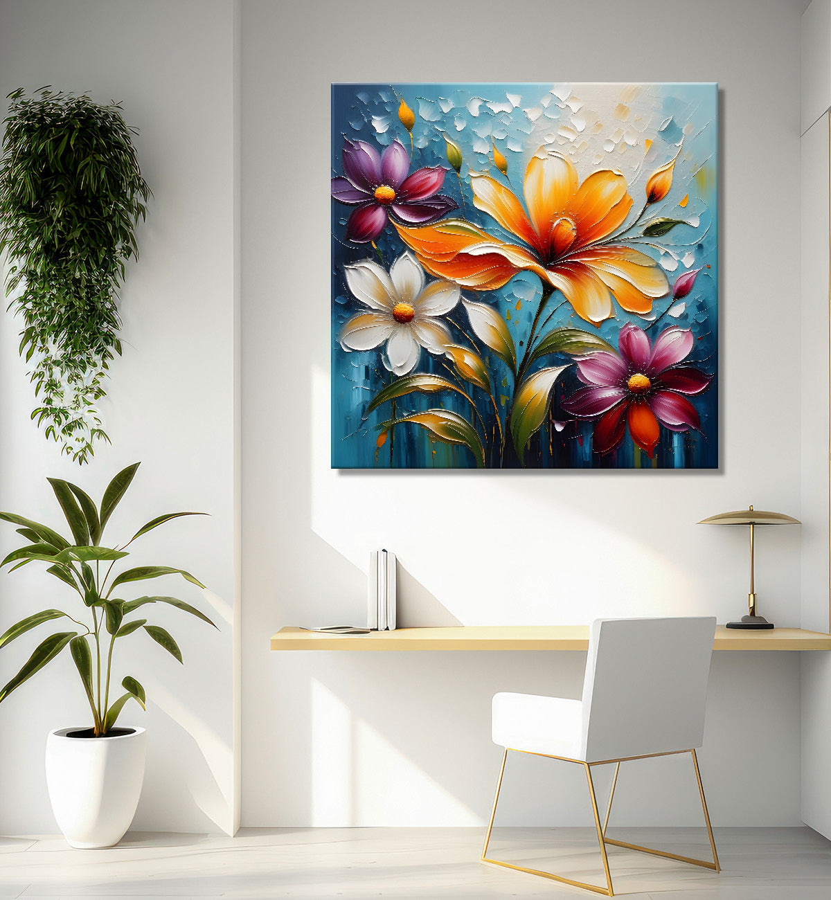Colourful flowers in blue background textured painting - Flower-S-53