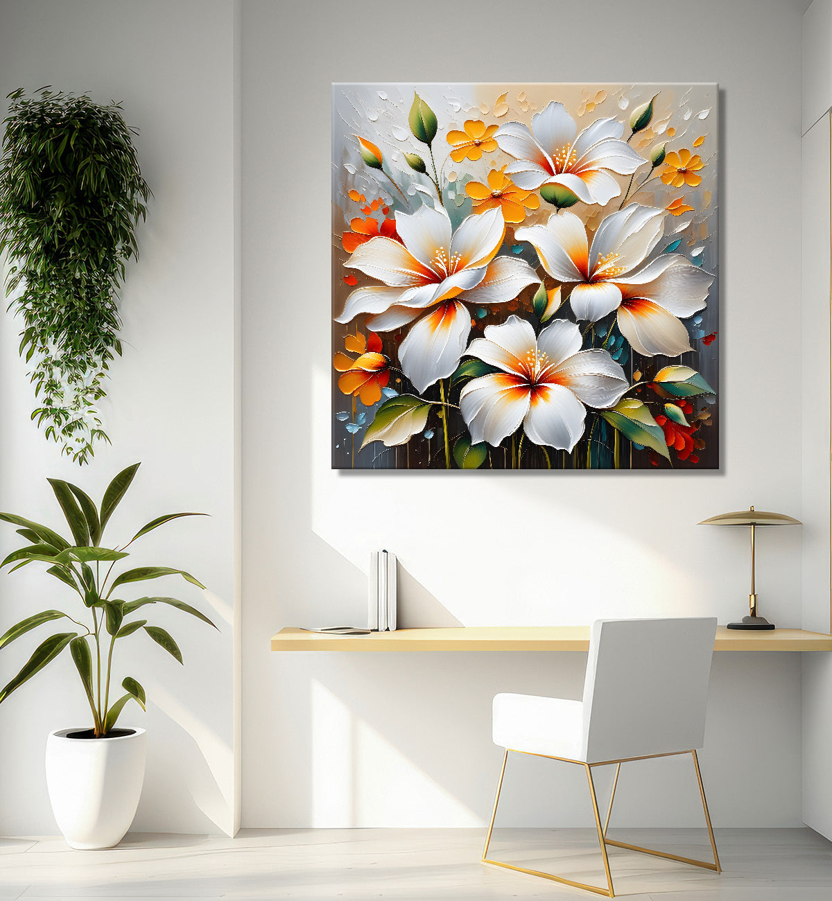 White flowers in grey and yellow background textured painting  - Flower-S-55
