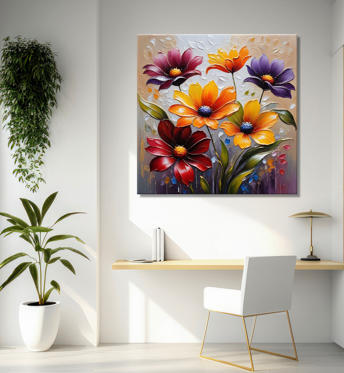 Colourful flowers in light brown background textured painting - Flower-S-56