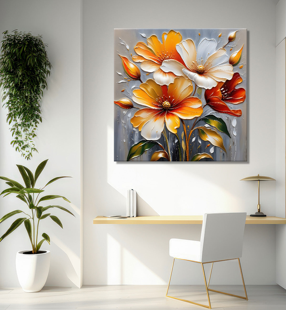 Colourful flowers in light brown background textured painting - Flower-S-57