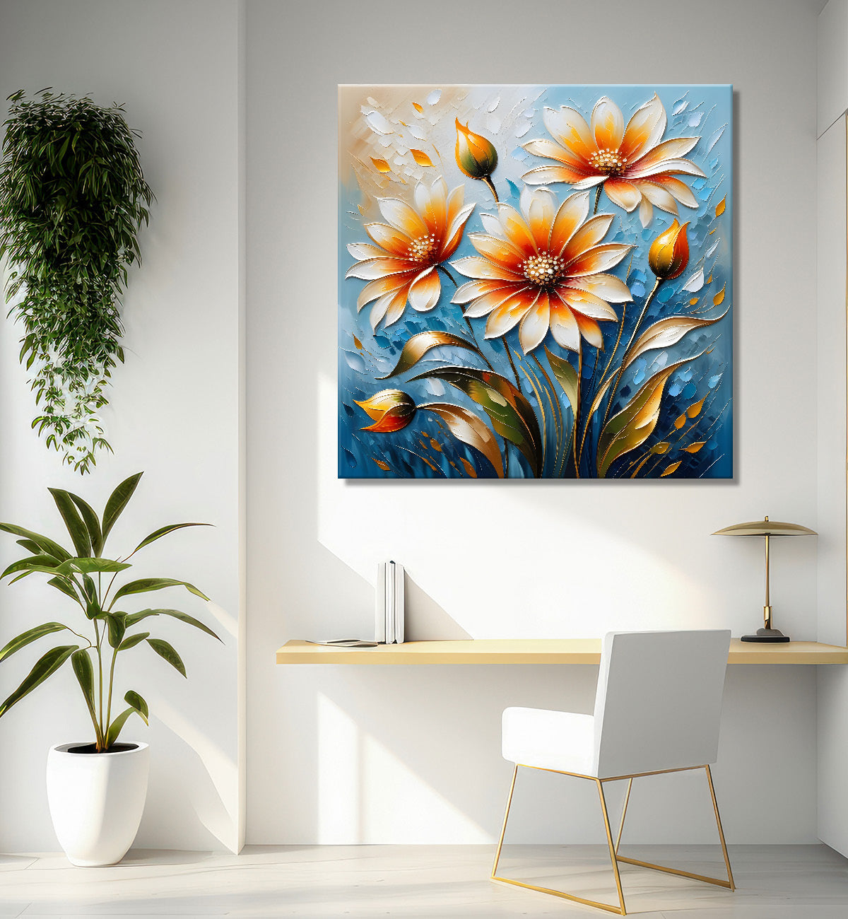 Orange flowers in blue background textured painting - Flower-S-58