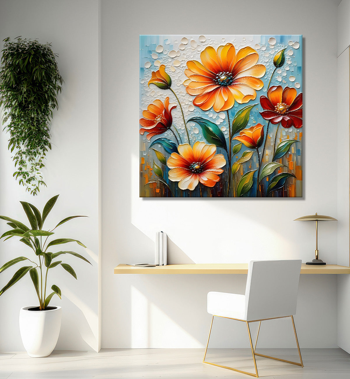 Colourful flowers in blue background textured painting - Flower-S-59