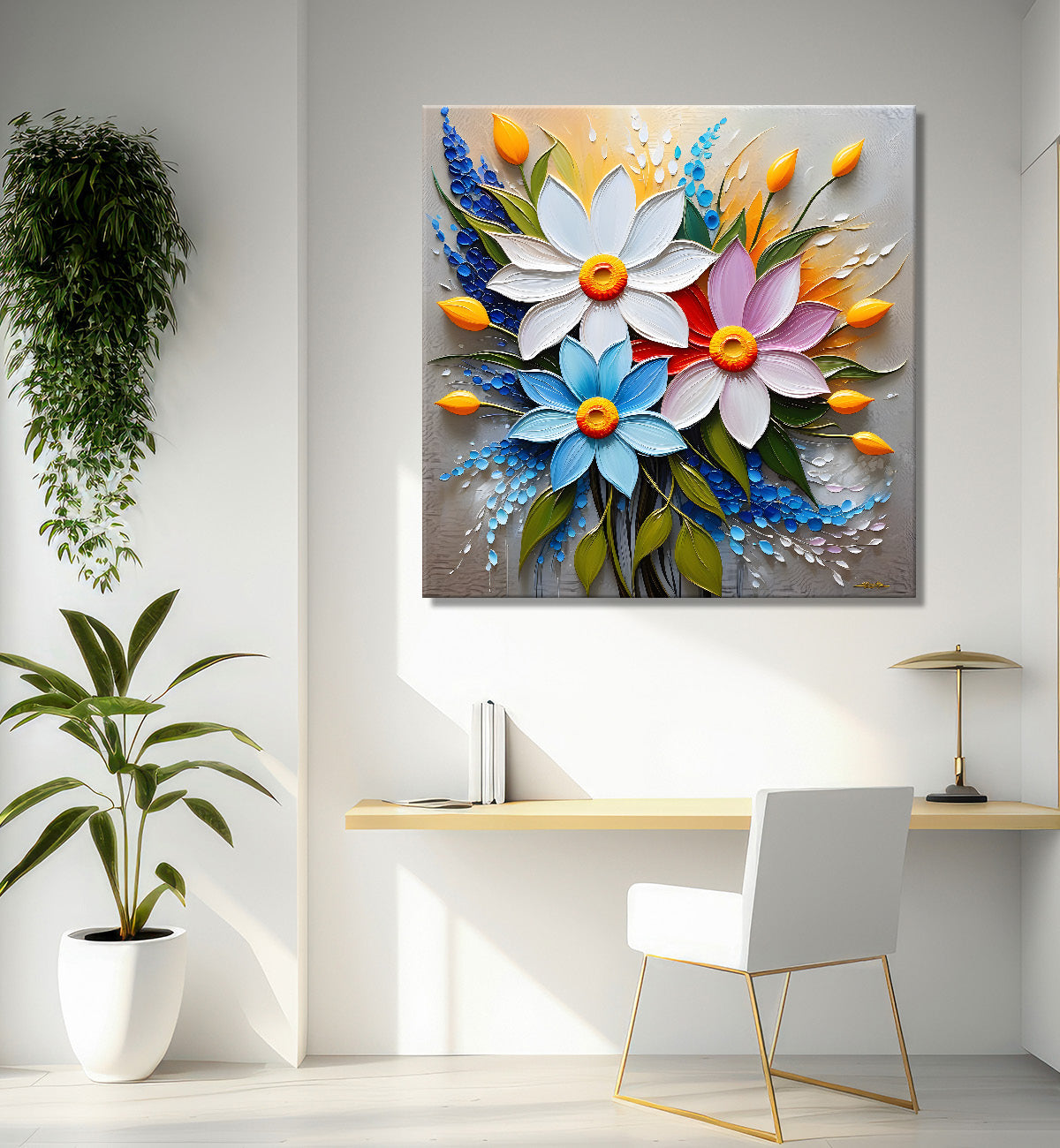 Colourful flowers in grey background textured painting - Flower-S-61