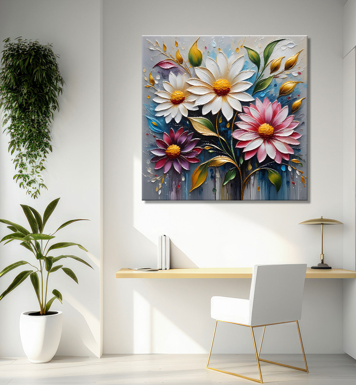Colourful flowers in grey background textured painting - Flower-S-62