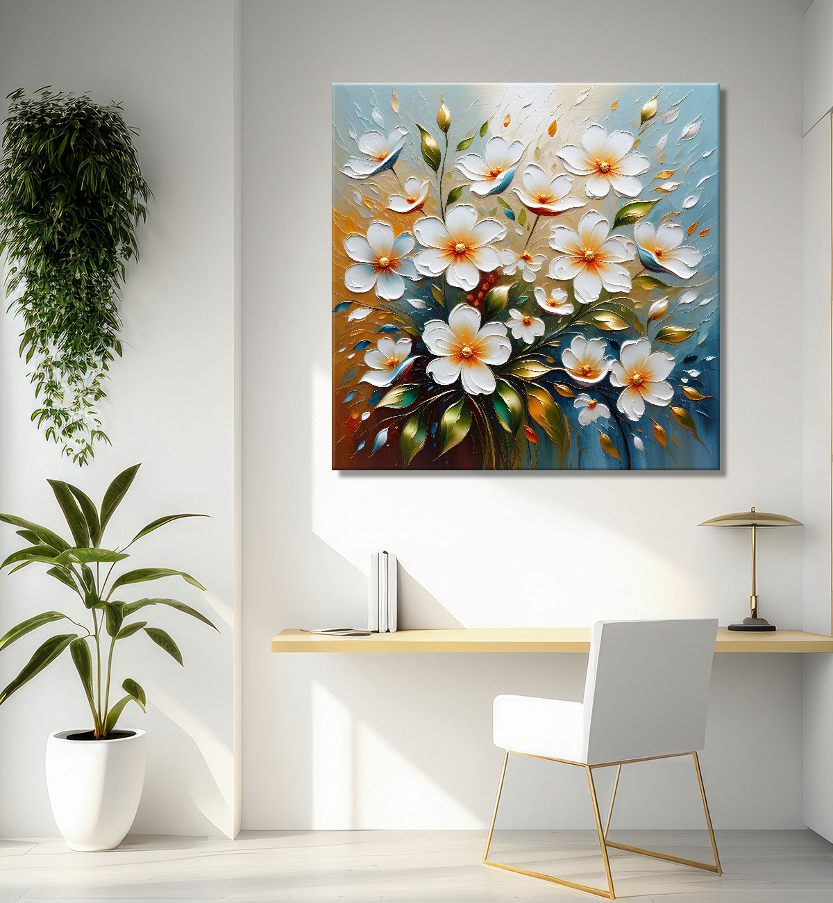White flowers in grey background textured painting  - Flower-S-64