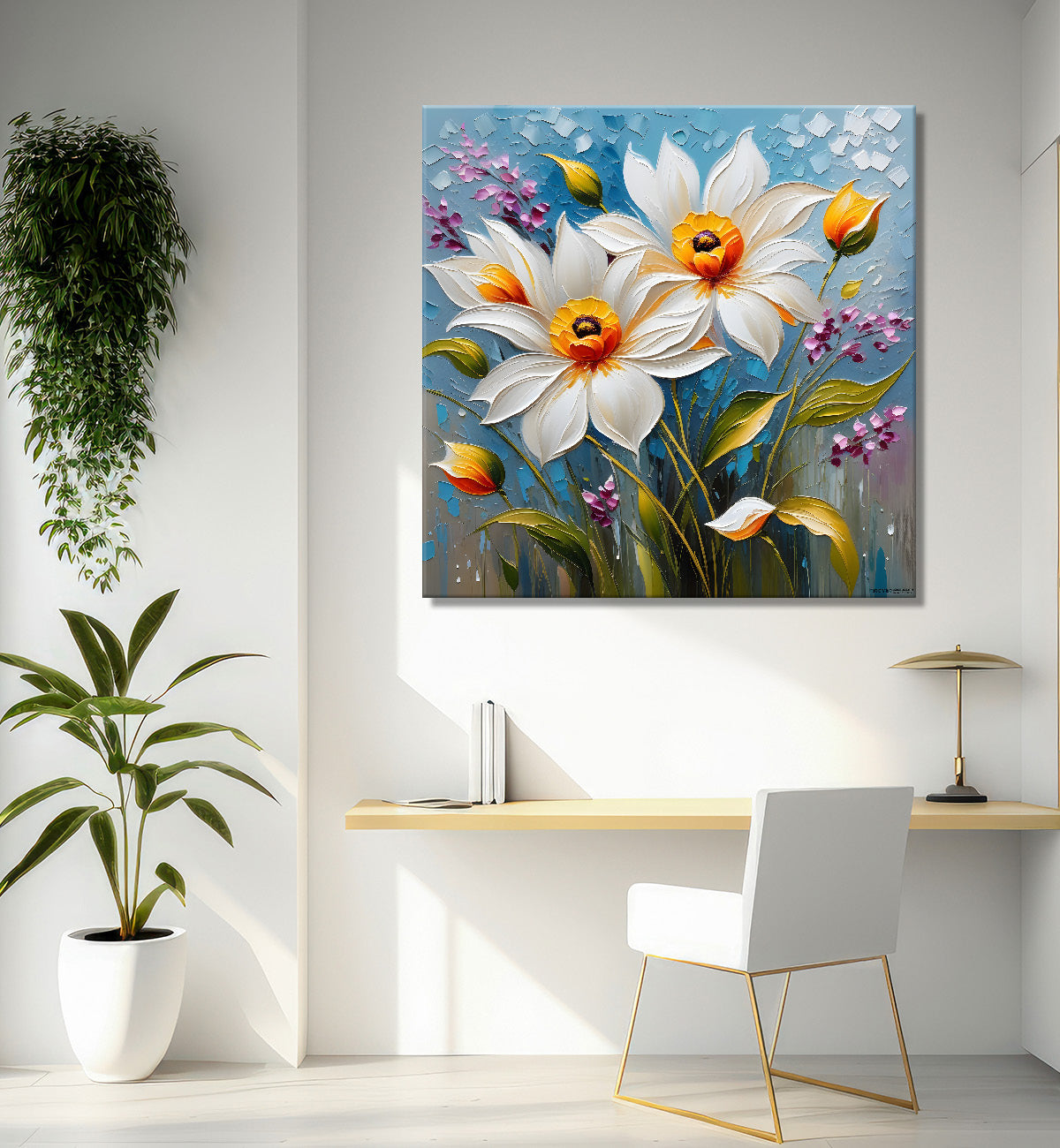 White flowers in blue background textured painting - Flower-S-66