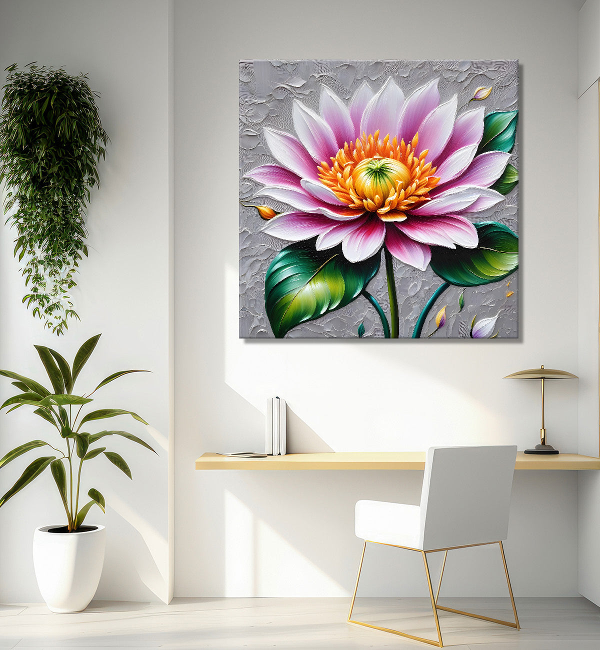 Pink flower in grey background  textured painting   - Flower-S-69
