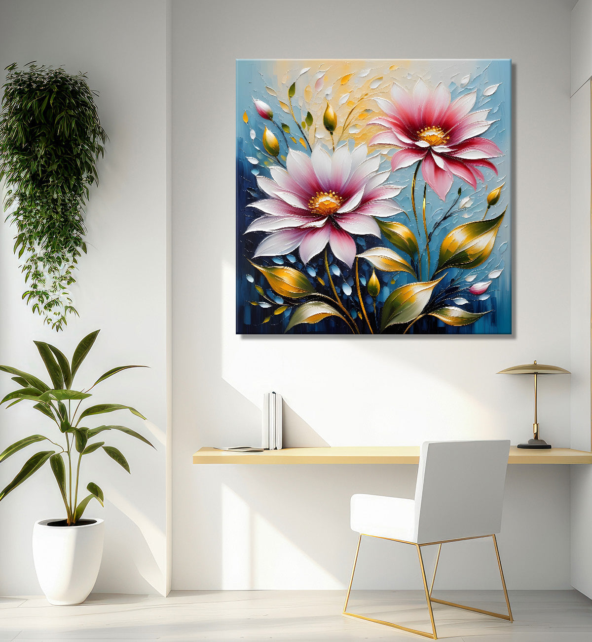 Pink flowers in blue background textured painting   - Flower-S-70