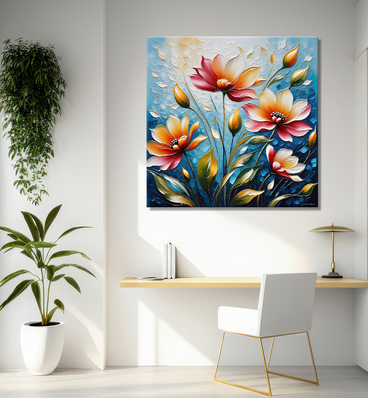 Peach flowers in blue background textured painting - Flower-S-71