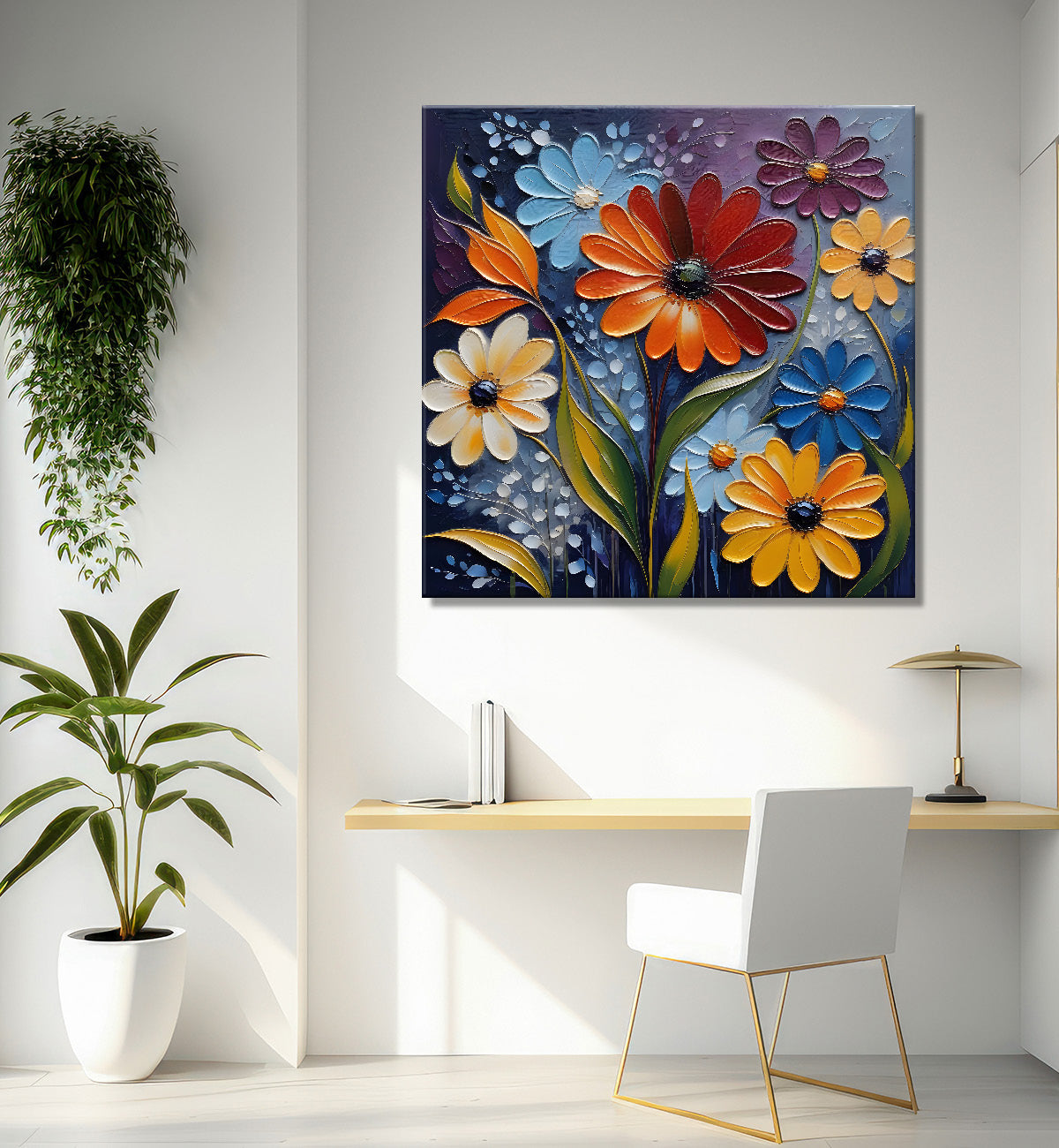 Colourful flowers in dark background  textured painting - Flower-S-72