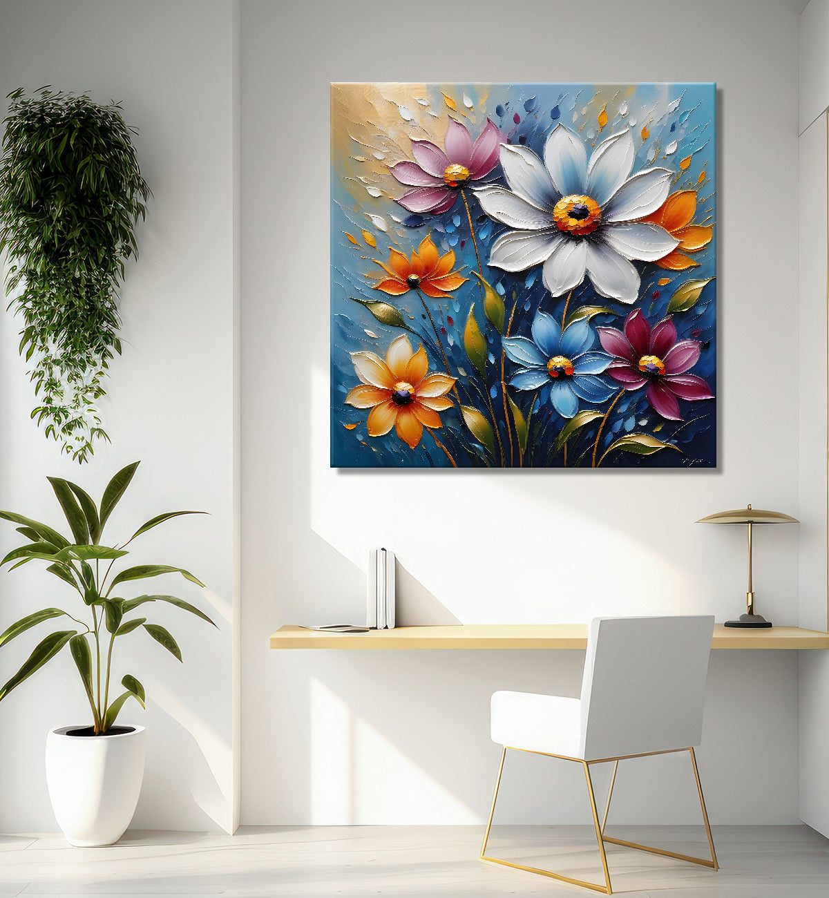 Colourful flowers in blue background  textured painting  - Flower-S-73