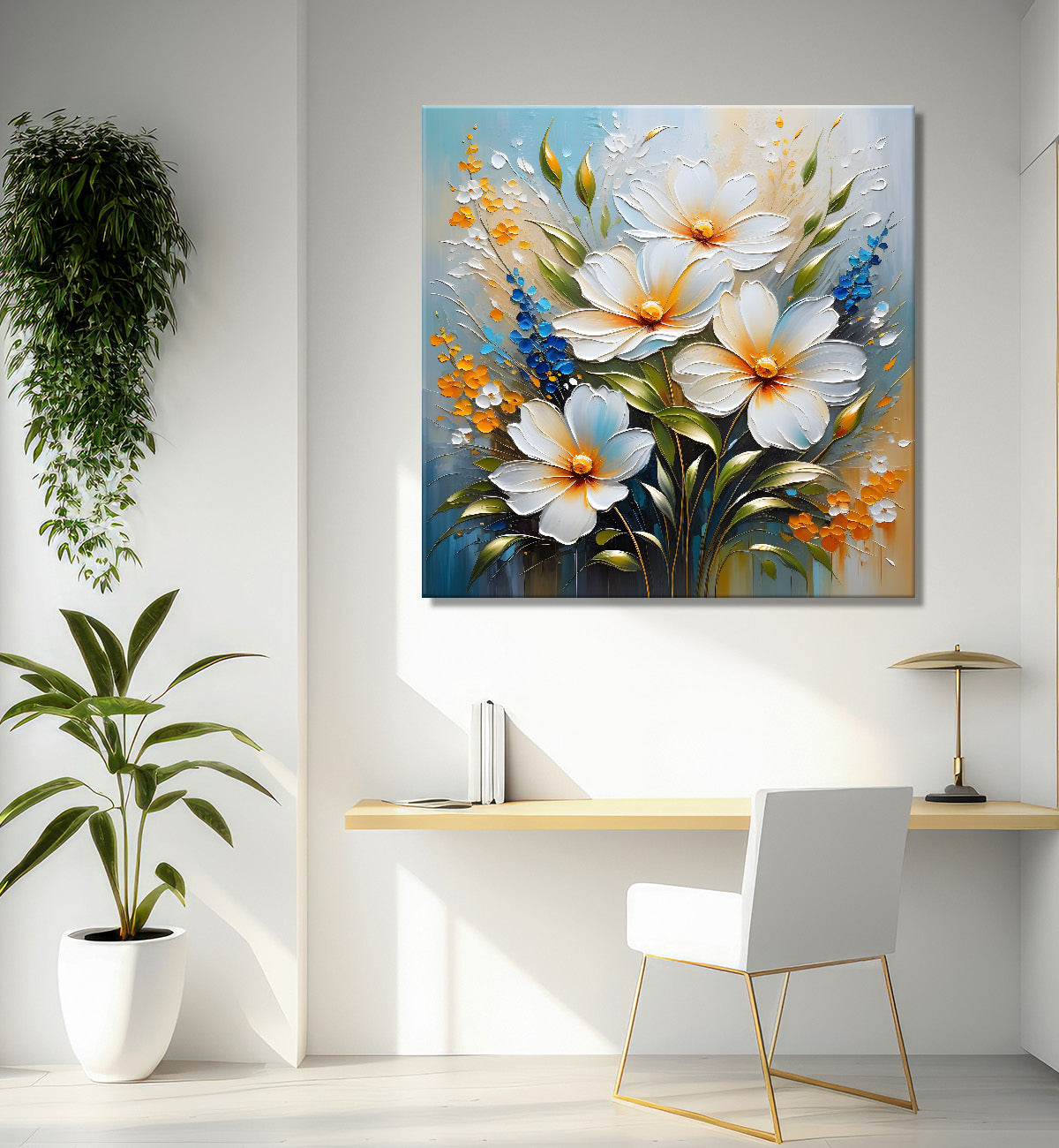 White flowers in blue background  textured painting  - Flower-S-74