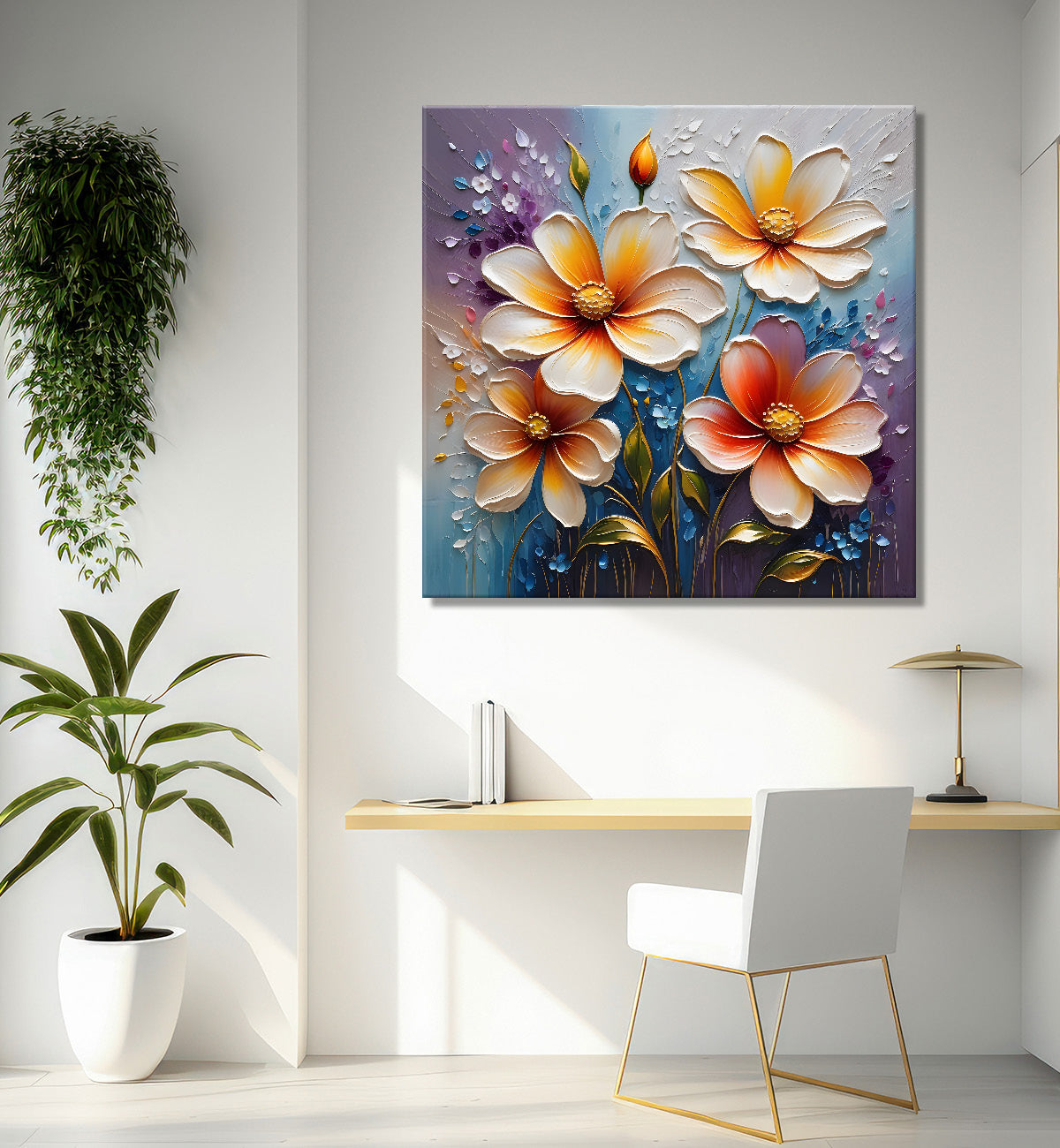 Peach flowers in blue background textured painting   - Flower-S-75