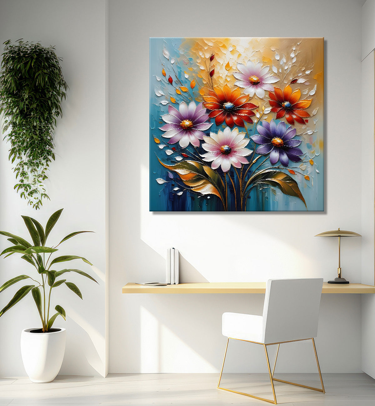 Colourful flowers in blue  background  textured painting  - Flower-S-76