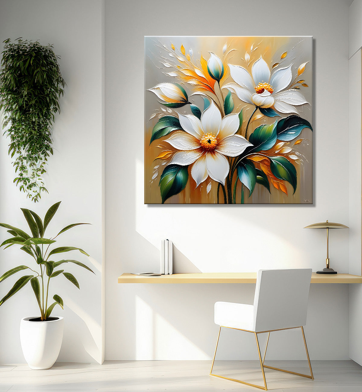 White flowers with grey background  textured painting - Flower-S-77