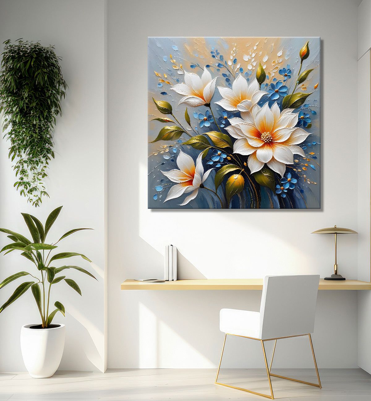 White flowers with grey background  textured painting - Flower-S-78