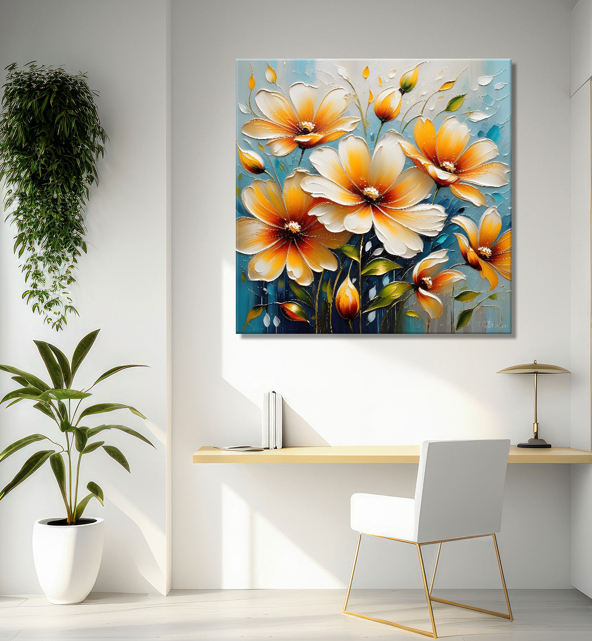 Orange flowers in sky blue background  textured painting  - Flower-S-80