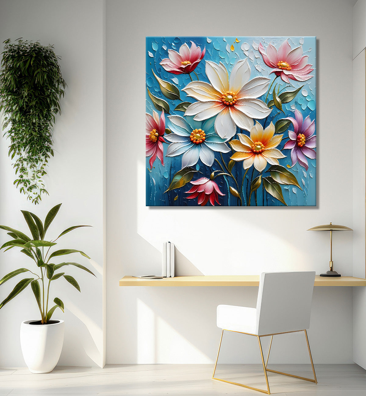 White flowers in blue background  textured painting  - Flower-S-82