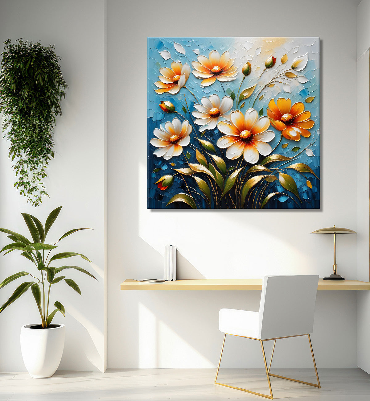 White and orange flowers in blue textured painting  - Flower-S-83