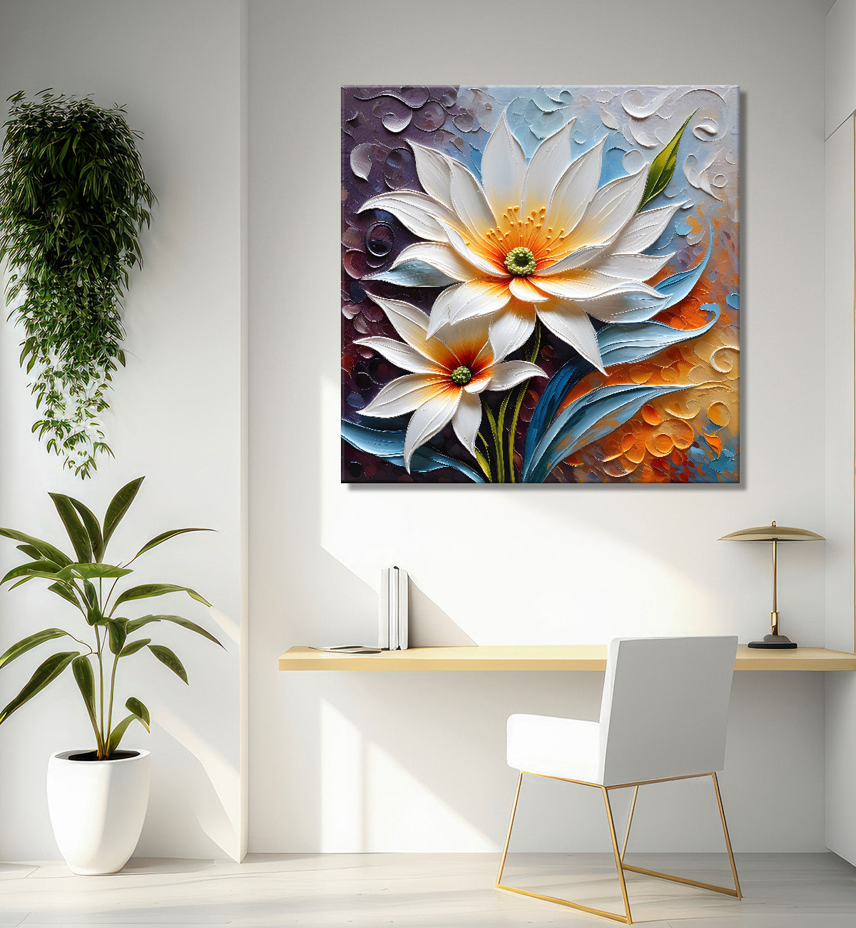 White flowers in colourful background textured painting - Flower-S-84