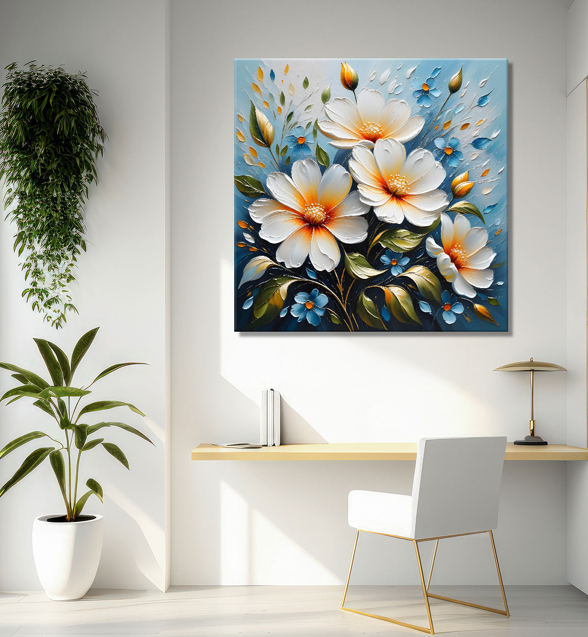 White flowers in blue background textured painting - Flower-S-85