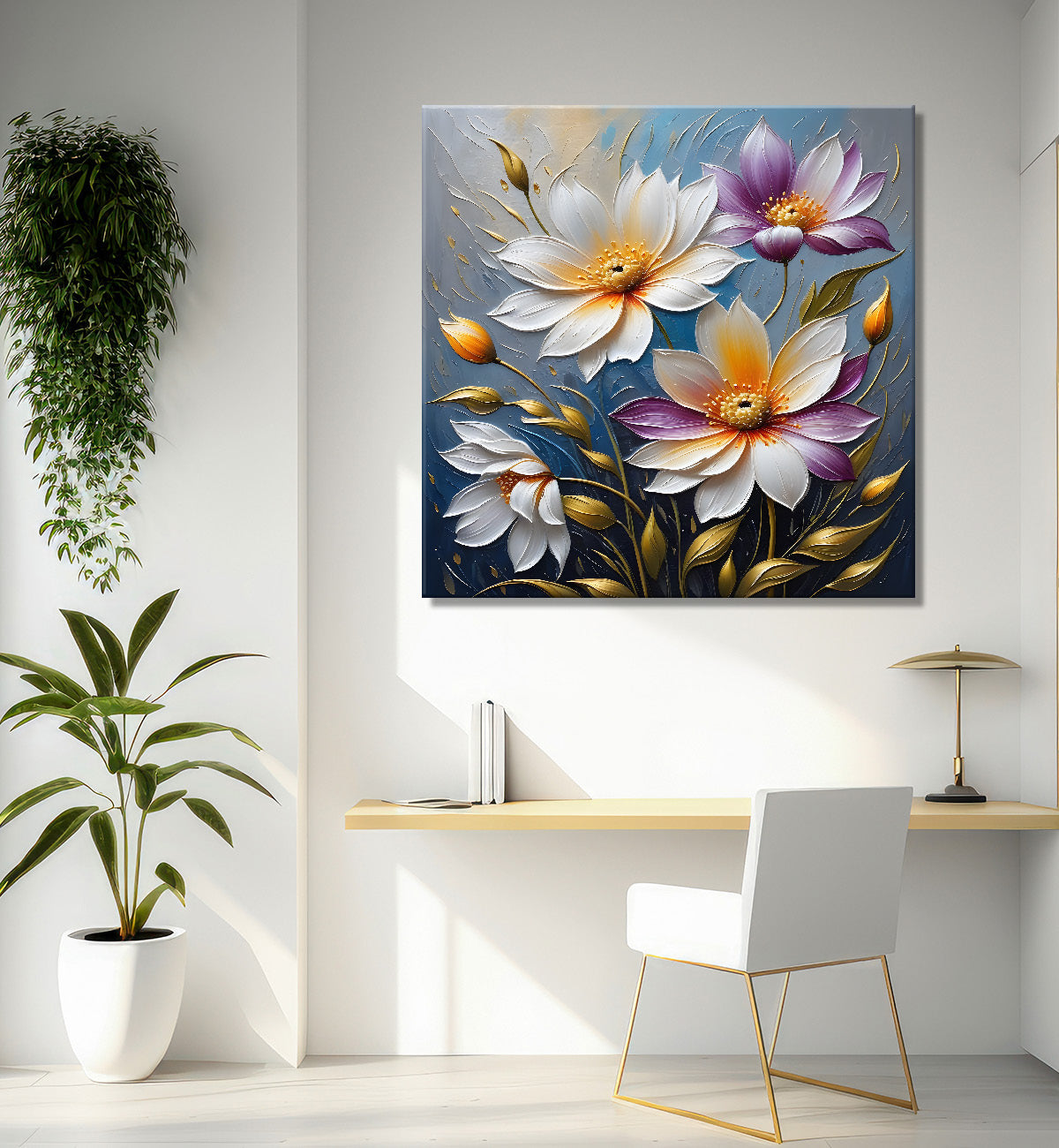 White flowers in blue  background textured painting - Flower-S-86