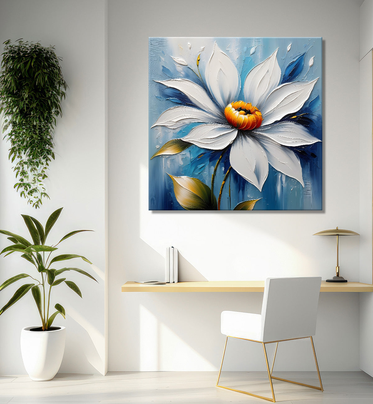 White flowers in blue  background textured painting - Flower-S-87