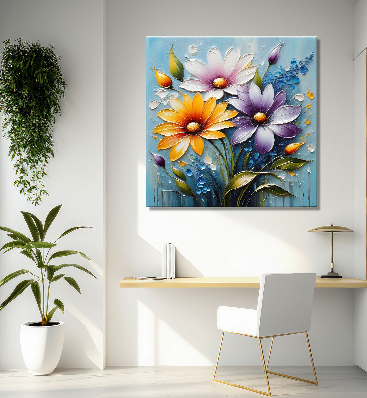 Orange and purple flowers in blue background textured painting - Flower-S-88