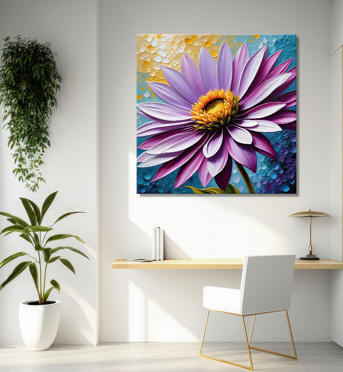 Purple flower in blue background textured painting - Flower-S-89
