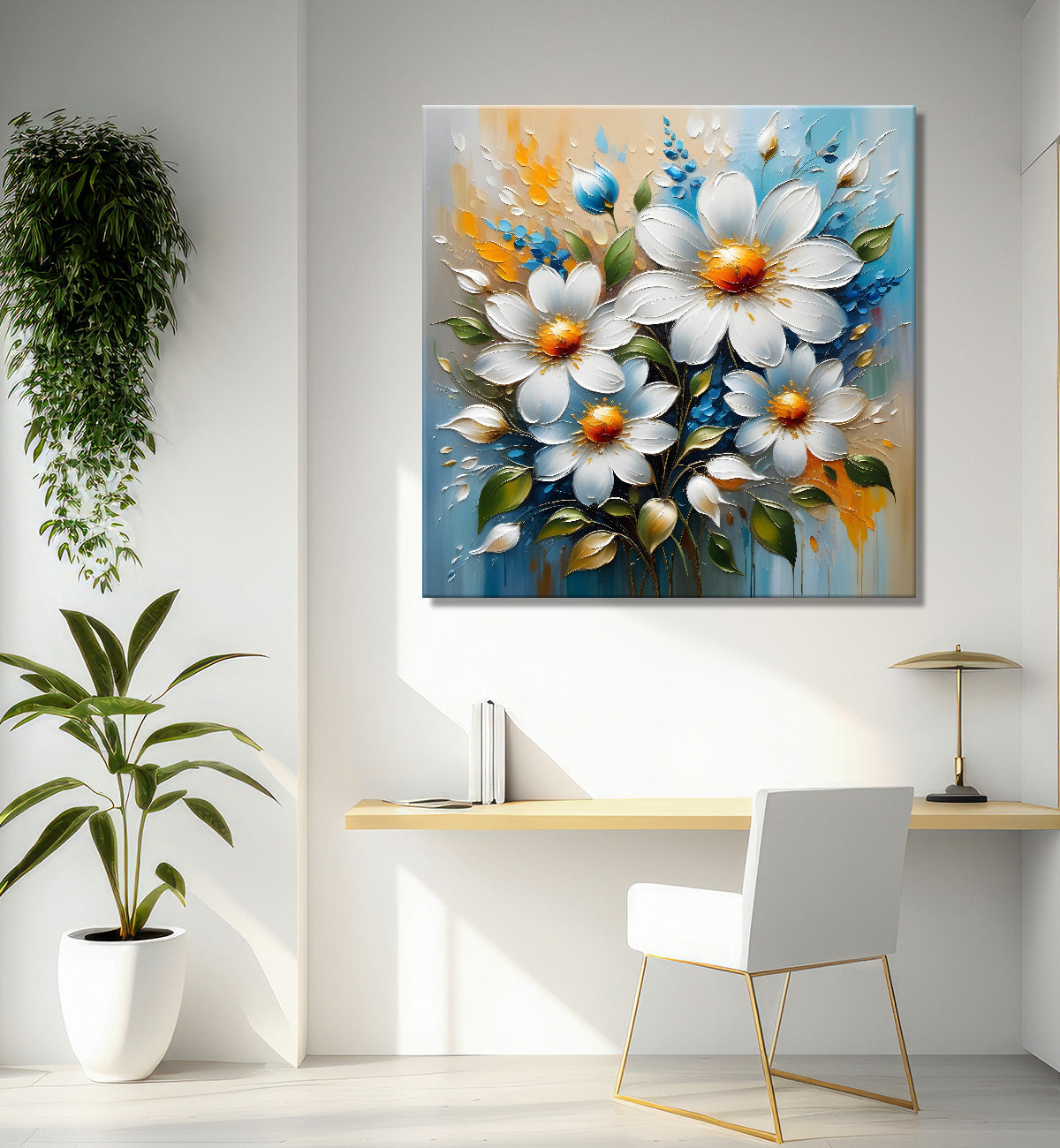 White flowers in blue background textured painting - Flower-S-90