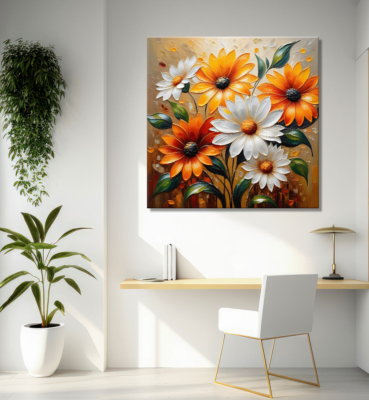 Orange and white flowers in light brown textured painting - Flower-S-91