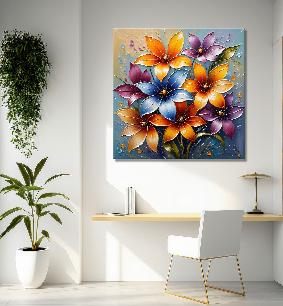 Colourful flowers in grey background textured painting - Flower-S-92