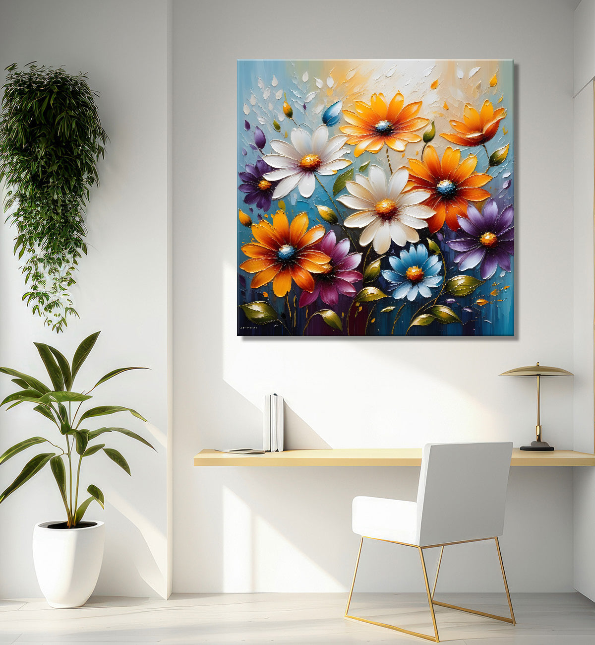 Colourful flowers in grey background textured painting  - Flower-S-93