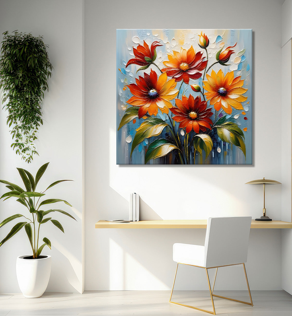 Orange flowers in grey  background textured painting  - Flower-S-94