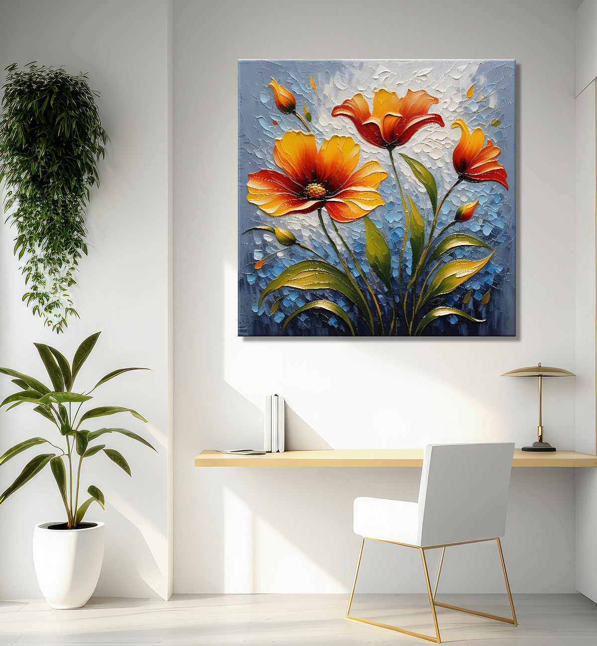 Orange flowers in grey  background textured painting  - Flower-S-95