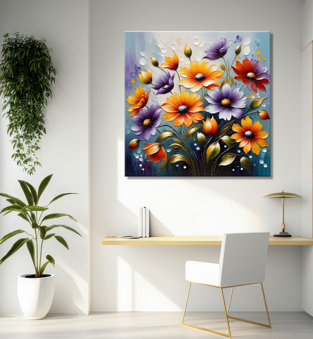 Colourful flowers in grey background textured painting - Flower-S-96