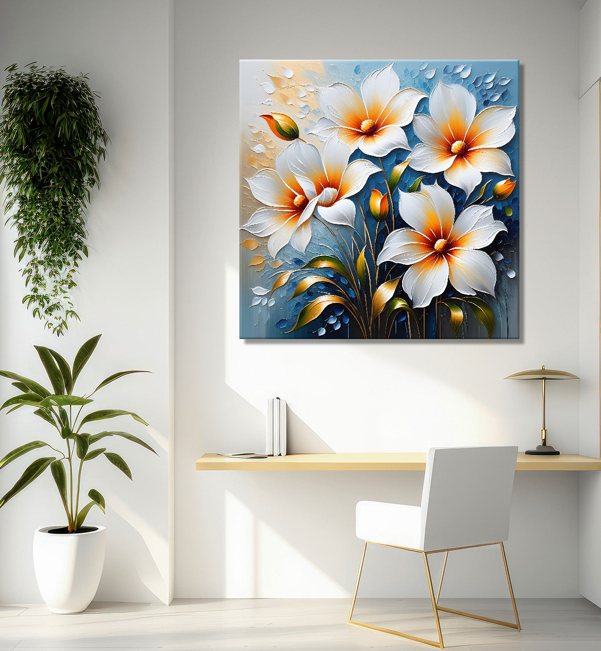 White flowers in blue background textured painting  - Flower-S-98