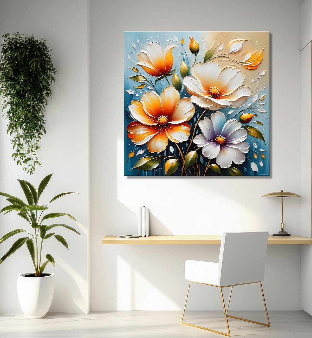 Peach flowers in blue background textured painting - Flower-S-100