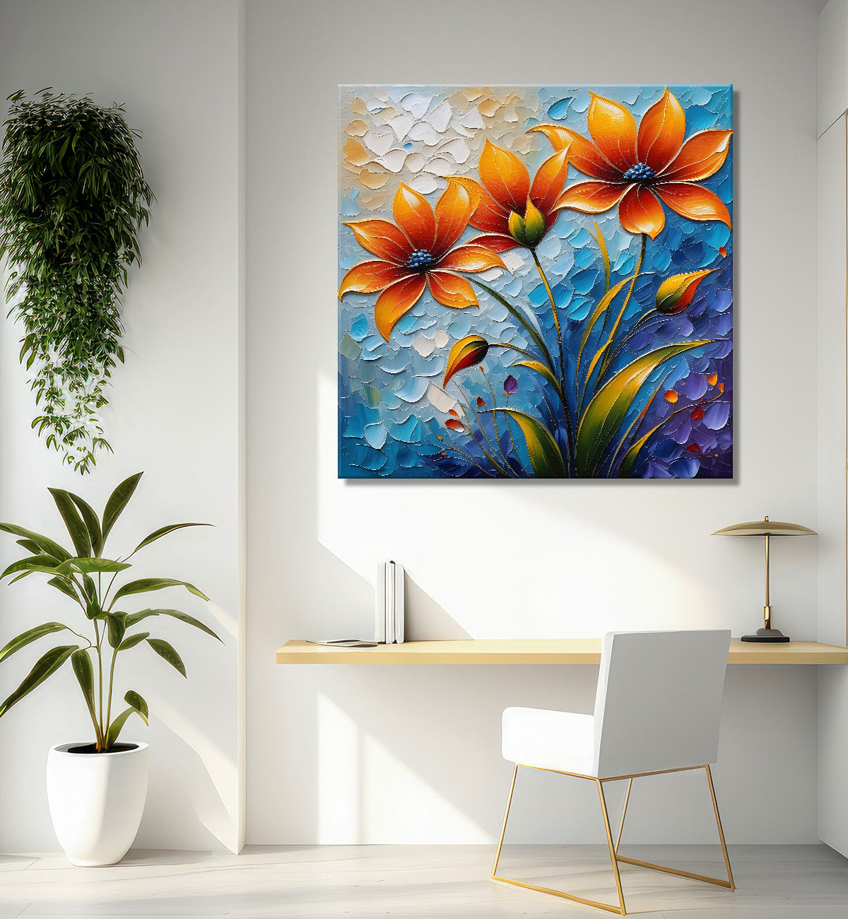 Orange flowers in blue background textured painting - Flower-S-101