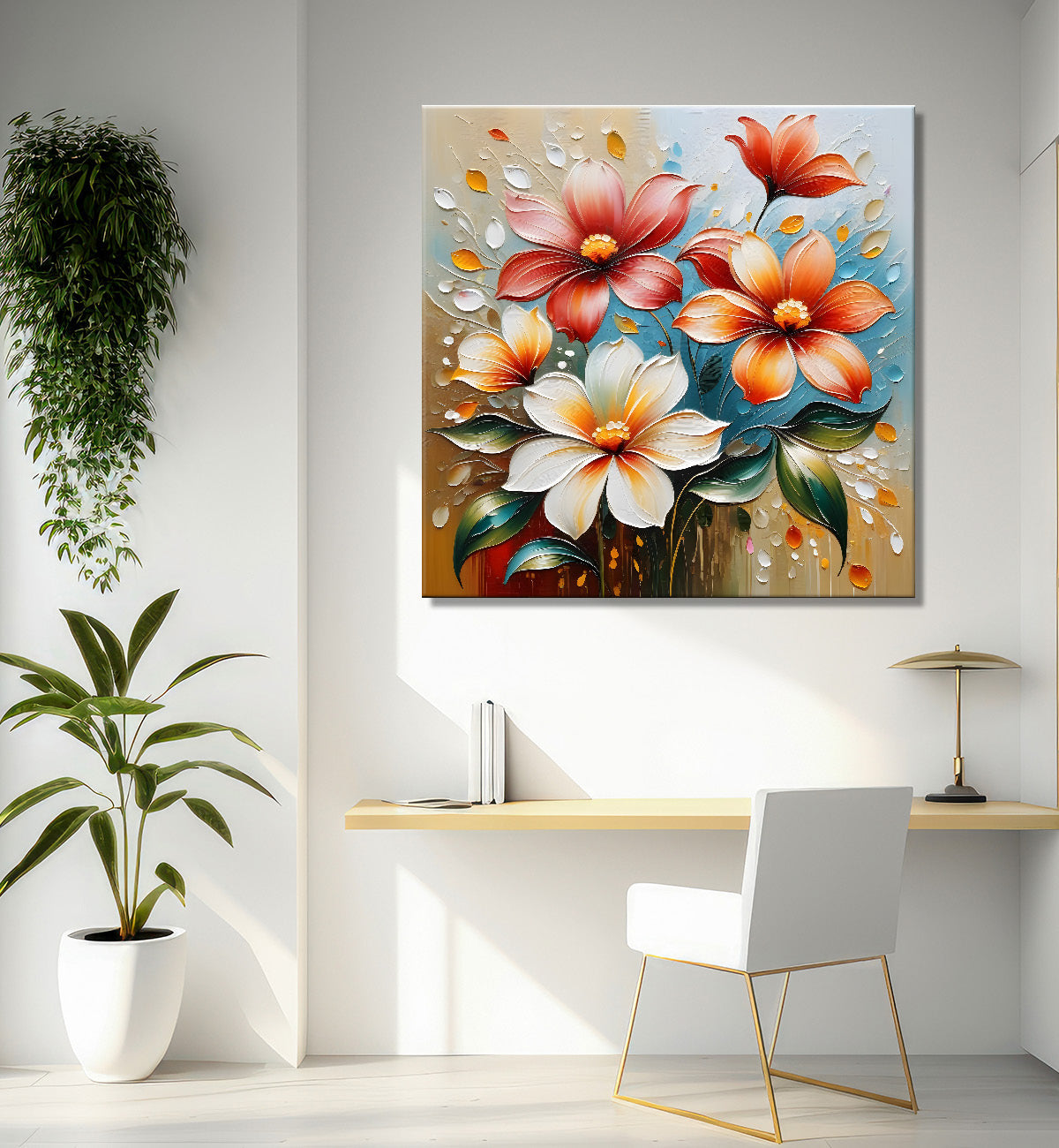 White and orange flowers in light brown textured painting - Flower-S-102