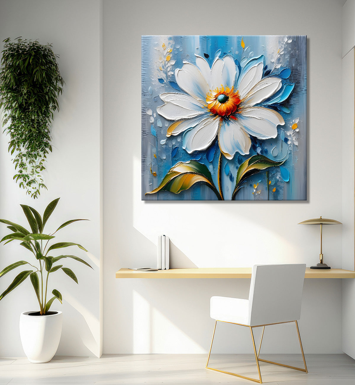 White flower in blue background textured painting - Flower-S-103