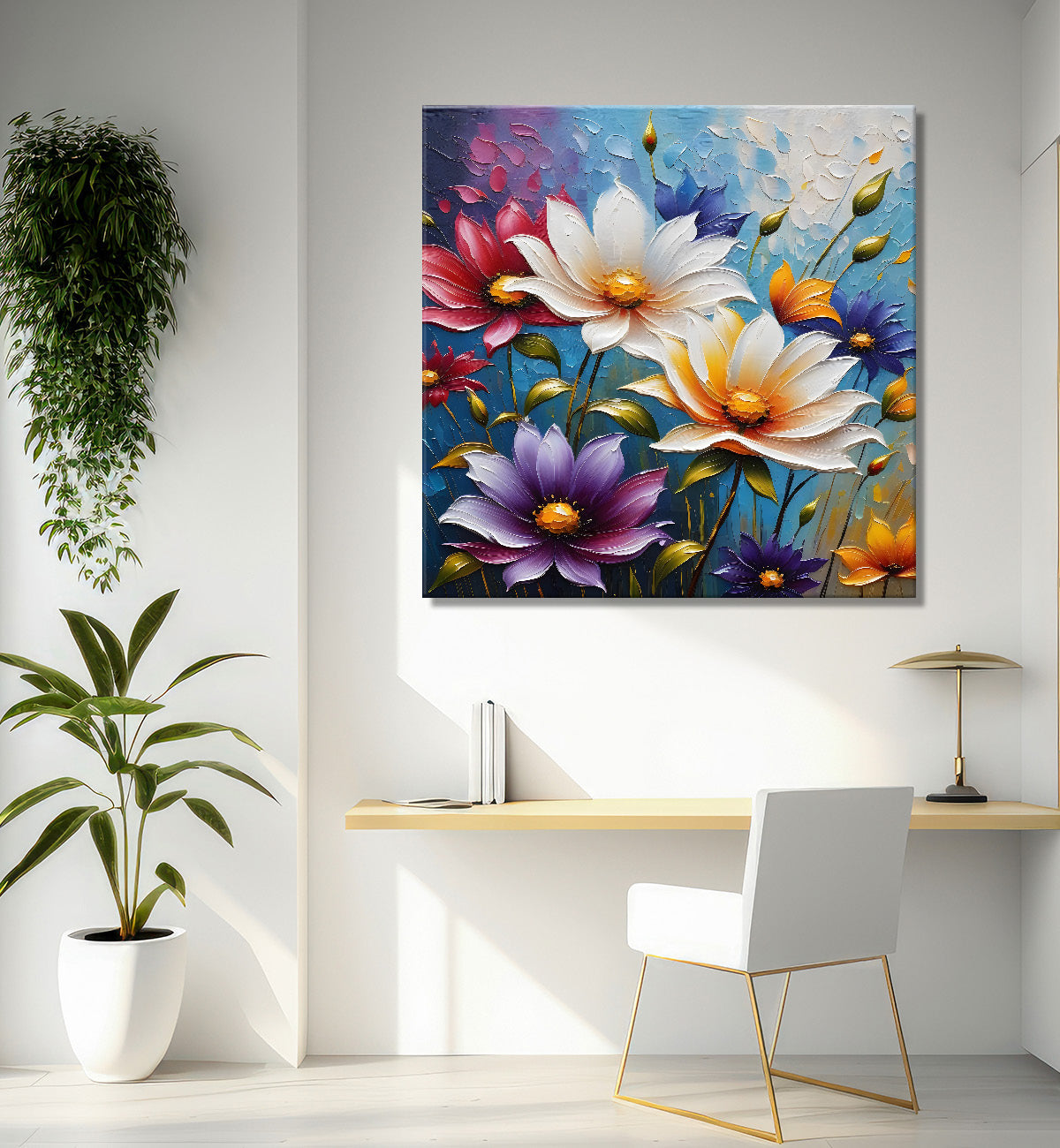 Colourful flowers in blue background textured painting - Flower-S-104