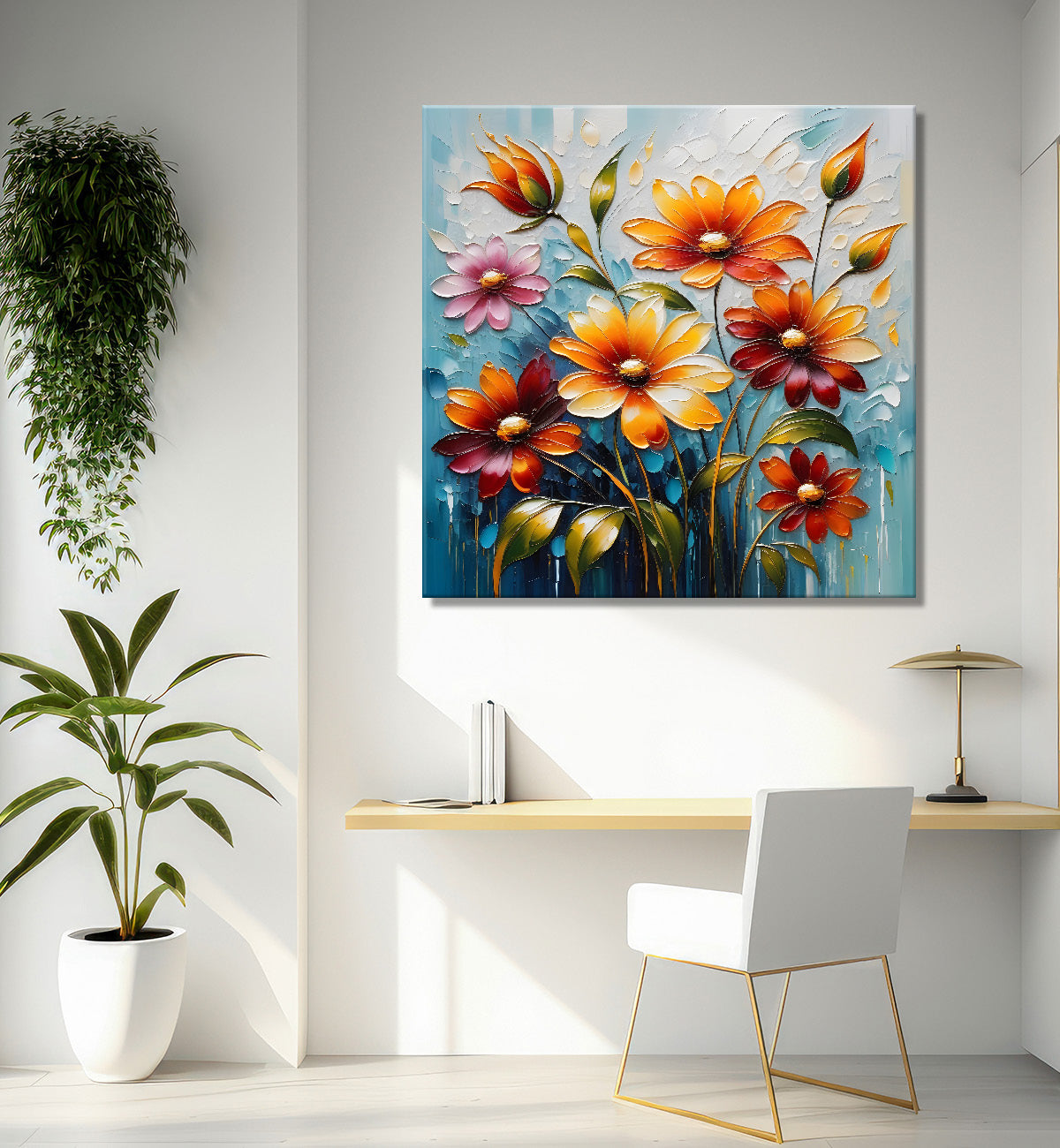 Orange flowers in grey textured painting - Flower-S-105