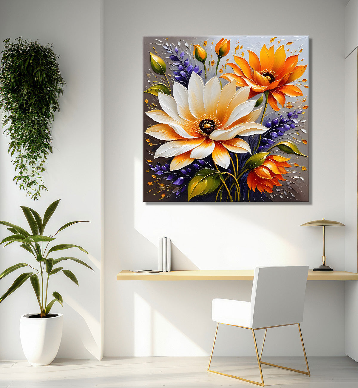 Orange and white flowers in light brown textured painting - Flower-S-106