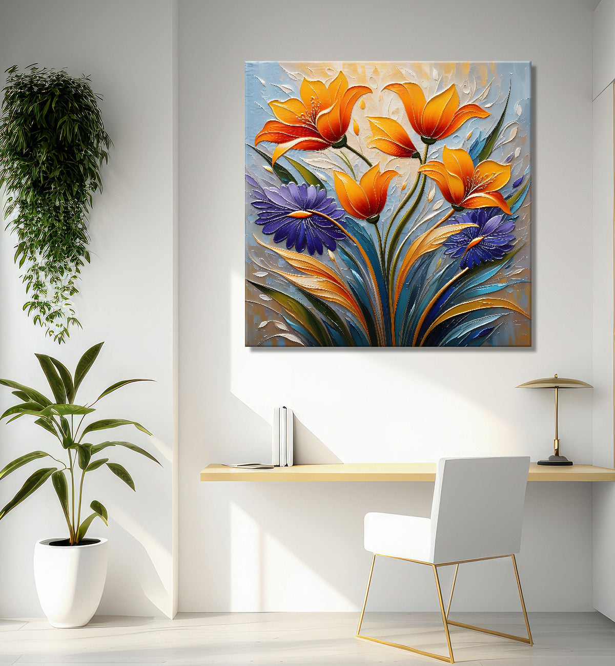 Orange flowers in grey textured painting  - Flower-S-108
