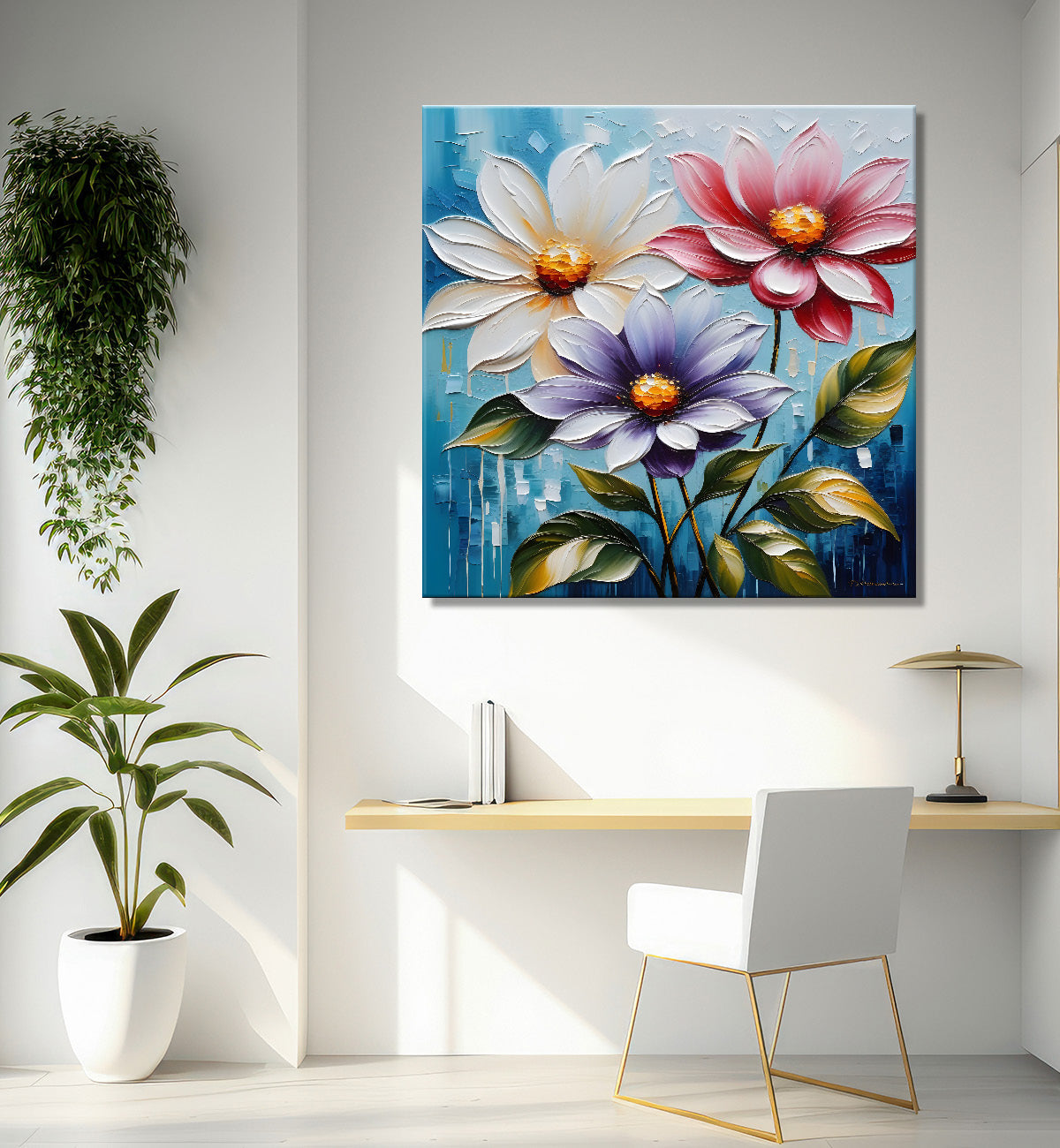 Colourful flowers in blue textured painting - Flower-S-109